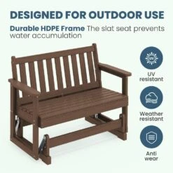 HDPE Brown Outdoor Bench, 2 Person Plastic Glider Rocking Chair For Swings Outside Loveseat For Garden Porch -Jearey jearey outdoor benches sryby brown 44 1000