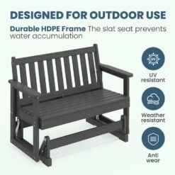 HDPE Gray Outdoor Bench 2-Person Glider Plastic Rocking Chair For Swings Outside Loveseat, Patio Glider For Garden Porch -Jearey jearey outdoor benches sryby gy 44 1000