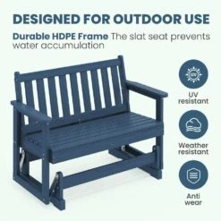 HDPE Navy Outdoor Bench, 2 Person Plastic Glider Rocking Chair For Swings Outside Loveseat For Garden Porch -Jearey jearey outdoor benches sryby ny 44 1000