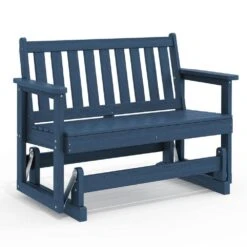 HDPE Navy Outdoor Bench, 2 Person Plastic Glider Rocking Chair For Swings Outside Loveseat For Garden Porch