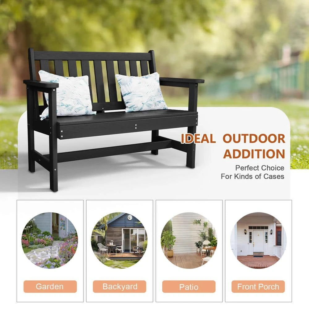 Garden Bench All-Weather HDPE 2-Person Plastic Outdoor Bench In Black 5 Garden Bench All-Weather HDPE 2-Person Plastic Outdoor Bench In Black - Image 5