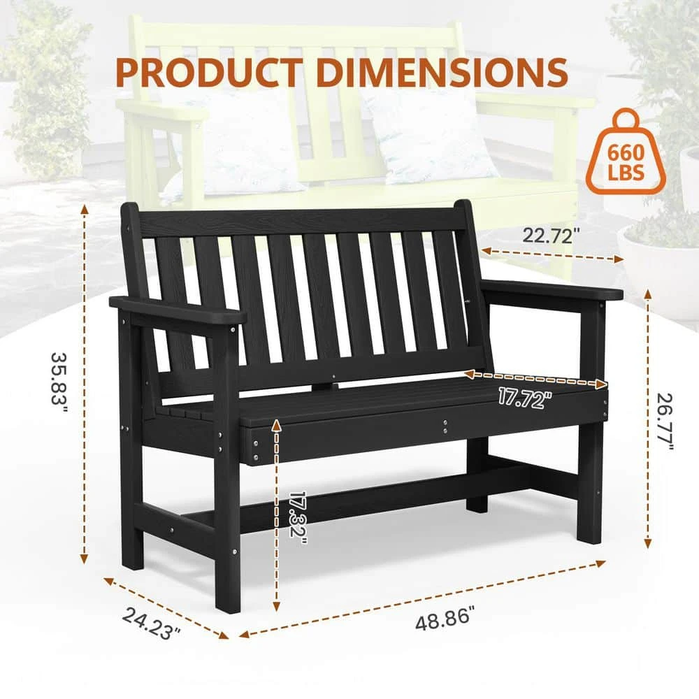 Garden Bench All-Weather HDPE 2-Person Plastic Outdoor Bench In Black 6 Garden Bench All-Weather HDPE 2-Person Plastic Outdoor Bench In Black - Image 6