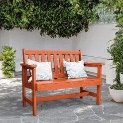 Garden Bench All-Weather HDPE 2-Person Plastic Outdoor Bench In Dark Orange