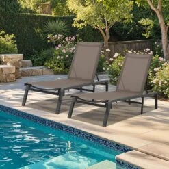 Modern Inspired Mocha Metal Outdoor Chaise Lounge Set Of 2