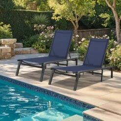 Modern Inspired Navy Metal Outdoor Chaise Lounge Set Of 2