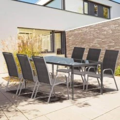 Patio Metal Black Outdoor Stackable Breathable Chaise Lounge Dining Chairs With Armrests For Patio Yard (Set Of 4) -Jearey jearey outdoor dining chairs tzc 3jt blue 31 1000