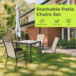 Charlotte Stackable Khaki Outdoor Dining Chair Set Of 2 -Jearey jearey outdoor dining chairs xltddy 2 khaki 4f 1000
