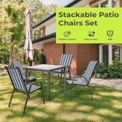 Charlotte Stackable Blue And White Outdoor Dining Chair Set Of 4 -Jearey jearey outdoor dining chairs ykdj green 4f 1000