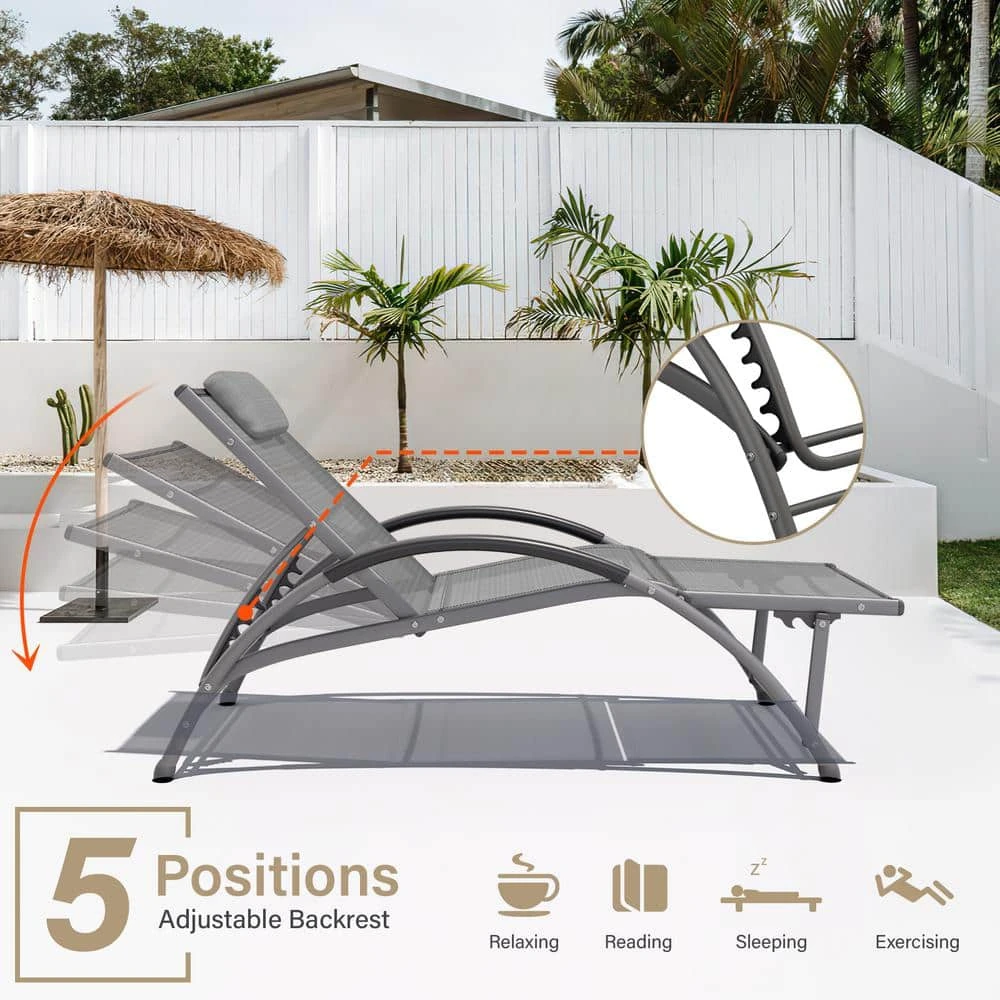 Grey Metal Aluminum Outdoor 5-Positions Adjustable Chaise Lounge With Frame 3 Grey Metal Aluminum Outdoor 5-Positions Adjustable Chaise Lounge With Frame - Image 3