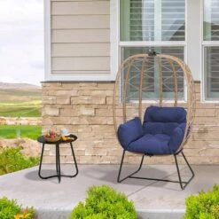 Woven Navy Wicker Outdoor Lounge Egg Chair With Coffee Table And Navy Cushion -Jearey jearey outdoor lounge chairs egg ch ny 31 1000