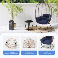 Woven Navy Wicker Outdoor Lounge Egg Chair With Coffee Table And Navy Cushion -Jearey jearey outdoor lounge chairs egg ch ny 4f 1000