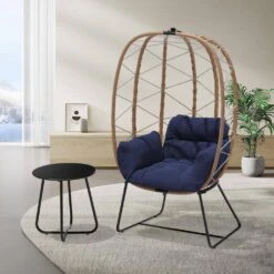 Woven Navy Wicker Outdoor Lounge Egg Chair With Coffee Table And Navy Cushion -Jearey jearey outdoor lounge chairs egg ch ny c3 1000