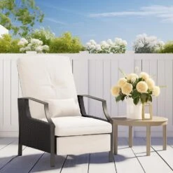 Charlotte Beige Wicker Outdoor Chaise Lounge Push Hand Recliner With Cushions -Jearey jearey outdoor lounge chairs rcpcb beige 31 1000