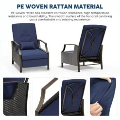 Charlotte Navy Wicker Outdoor Chaise Lounge Push Hand Recliner With Cushions -Jearey jearey outdoor lounge chairs rcpcb navy 1f 1000