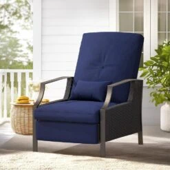 Charlotte Navy Wicker Outdoor Chaise Lounge Push Hand Recliner With Cushions -Jearey jearey outdoor lounge chairs rcpcb navy 31 1000