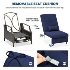 Charlotte Navy Wicker Outdoor Chaise Lounge Push Hand Recliner With Cushions -Jearey jearey outdoor lounge chairs rcpcb navy 4f 1000