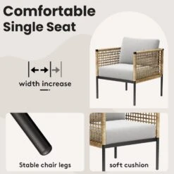 Outdoor Upholstered Natural Rattan Accent Lounge Chair With Cushion, Beige (Set Of 2) -Jearey jearey outdoor lounge chairs swsf2 bg 1f 1000