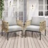 Outdoor Upholstered Natural Rattan Accent Lounge Chair With Cushion, Beige (Set Of 2)