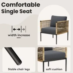 Outdoor Upholstered Natural Rattan Accent Lounge Chair With Cushion, Dark Gray(Set Of 2) -Jearey jearey outdoor lounge chairs swsf2 dr 44 1000