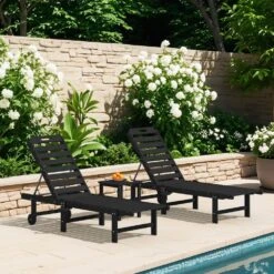 HDPE Black Plastic 5-Level Adjustment Outdoor Lounge Recliner Chair (Set Of 2)