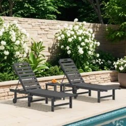 HDPE Grey 5-Level Adjustment Outdoor Lounge Recliner Chair (Set Of 2)