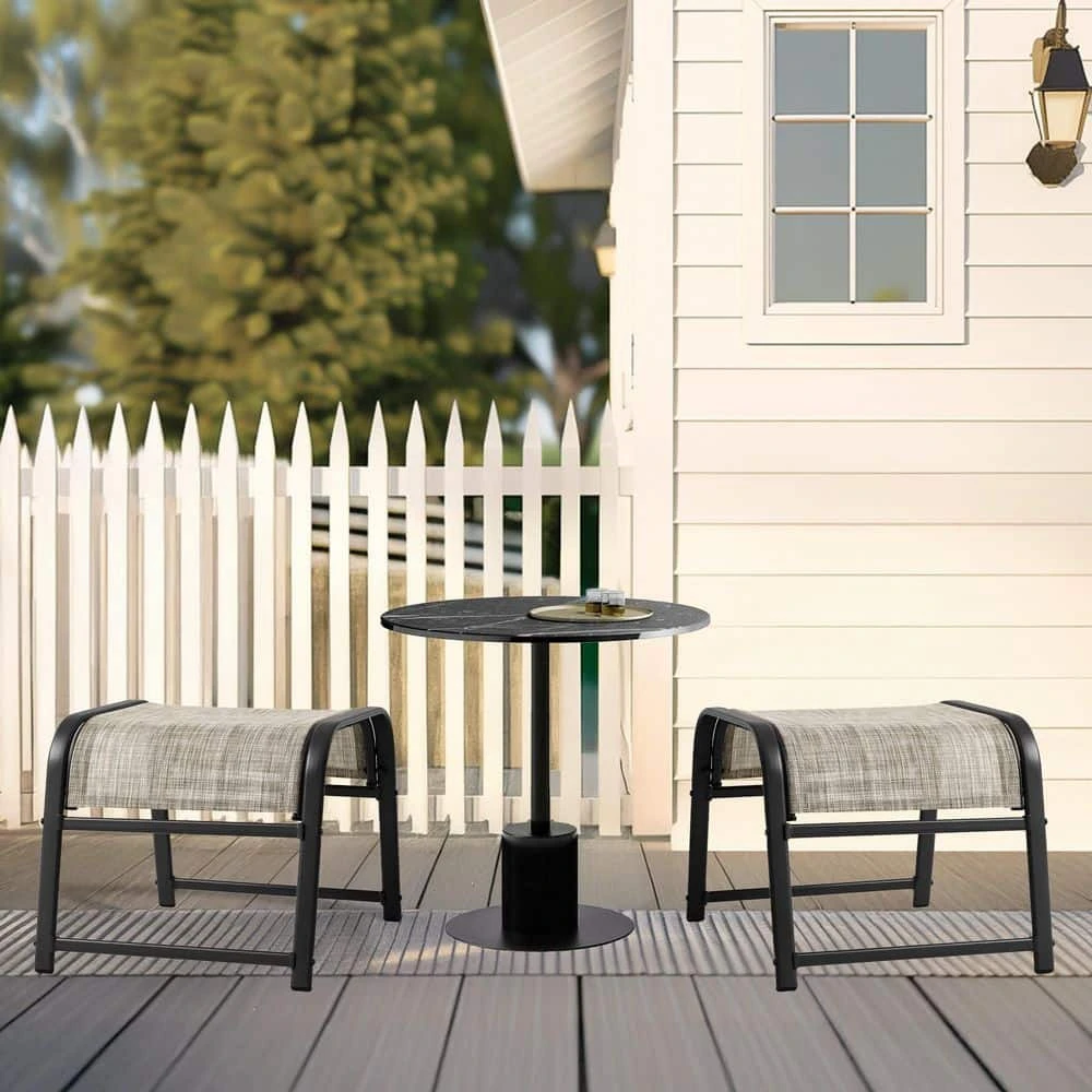 Textilene Fabric Metal Frame Beige Outdoor Ottoman With Navy Cushion For Patio (2-Pack) 4 Textilene Fabric Metal Frame Beige Outdoor Ottoman With Navy Cushion For Patio (2-Pack) - Image 4