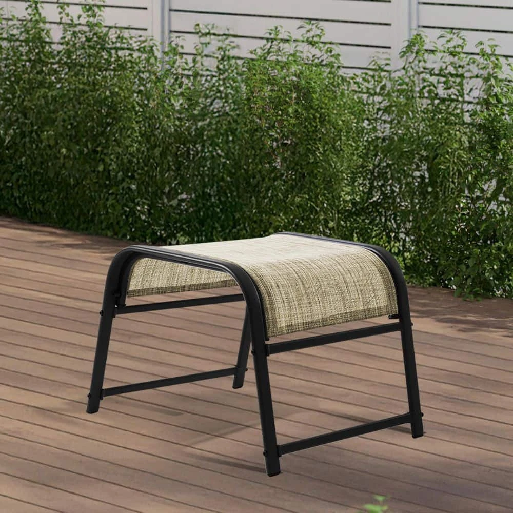 Textilene Fabric Metal Frame Beige Outdoor Ottoman With Navy Cushion For Patio (2-Pack) 2 Textilene Fabric Metal Frame Beige Outdoor Ottoman With Navy Cushion For Patio (2-Pack) - Image 2