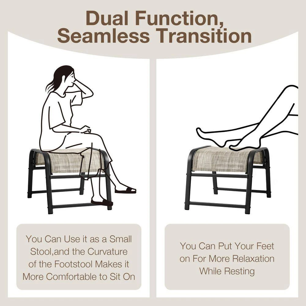 Textilene Fabric Metal Frame Beige Outdoor Ottoman With Navy Cushion For Patio (2-Pack) 7 Textilene Fabric Metal Frame Beige Outdoor Ottoman With Navy Cushion For Patio (2-Pack) - Image 7