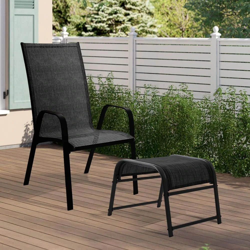 Textilene Fabric Metal Frame Black Outdoor Ottoman With Navy Cushion For Patio(2-Pack) 5 Textilene Fabric Metal Frame Black Outdoor Ottoman With Navy Cushion For Patio(2-Pack) - Image 5