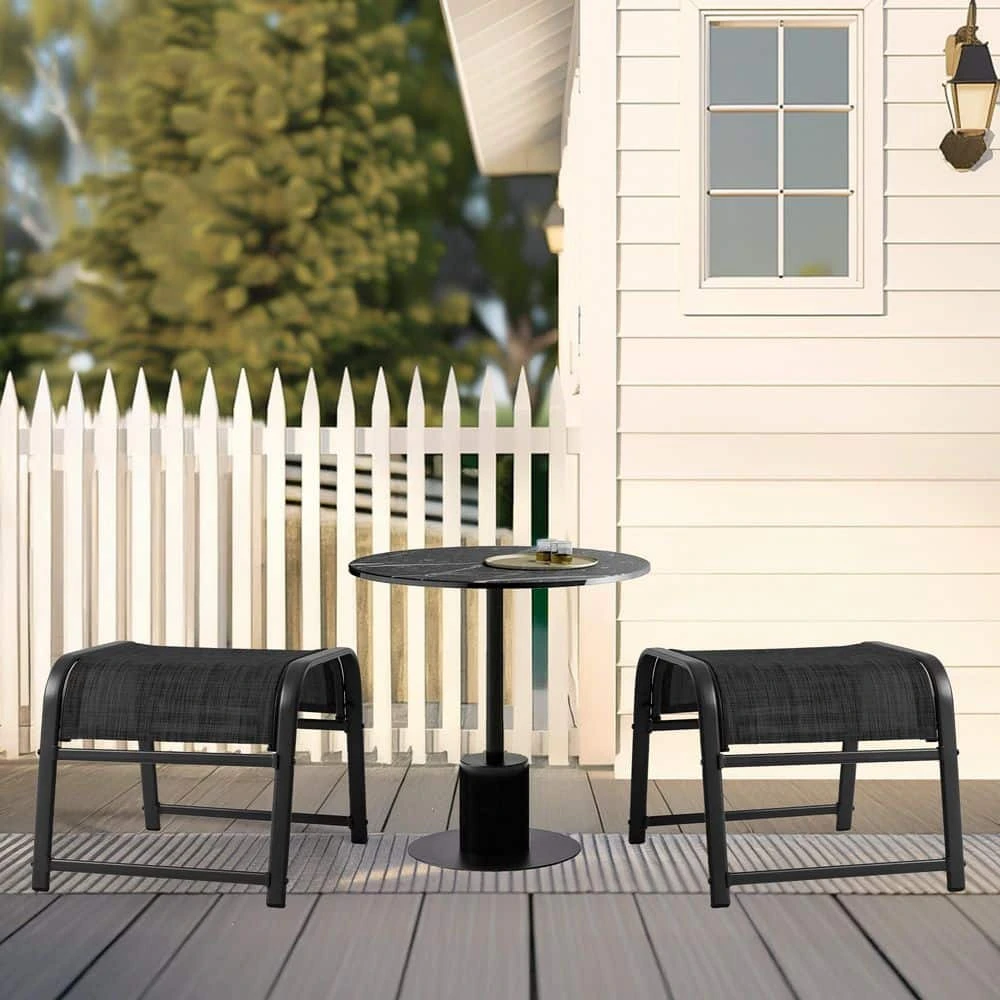 Textilene Fabric Metal Frame Black Outdoor Ottoman With Navy Cushion For Patio(2-Pack) 4 Textilene Fabric Metal Frame Black Outdoor Ottoman With Navy Cushion For Patio(2-Pack) - Image 4