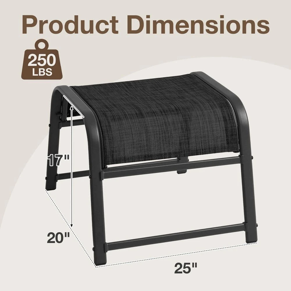 Textilene Fabric Metal Frame Black Outdoor Ottoman With Navy Cushion For Patio(2-Pack) 3 Textilene Fabric Metal Frame Black Outdoor Ottoman With Navy Cushion For Patio(2-Pack) - Image 3