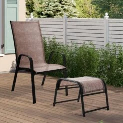 Textilene Fabric Metal Frame Brown Outdoor Ottoman With Navy Cushion For Patio(2-Pack) -Jearey jearey outdoor ottomans jl brown 1f 1000