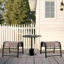 Textilene Fabric Metal Frame Brown Outdoor Ottoman With Navy Cushion For Patio(2-Pack) -Jearey jearey outdoor ottomans jl brown 4f 1000