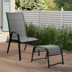 Textilene Fabric Metal Frame Gray Outdoor Ottoman With Navy Cushion For Patio (2-Pack) -Jearey jearey outdoor ottomans jl hb 1f 1000