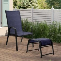 Textilene Fabric Metal Frame Navy Outdoor Ottoman With Navy Cushion For Patio(2-Pack) -Jearey jearey outdoor ottomans jl navy 1f 1000