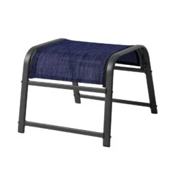 Textilene Fabric Metal Frame Navy Outdoor Ottoman With Navy Cushion For Patio(2-Pack)