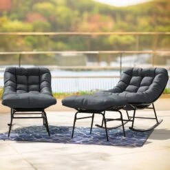 Metal Outdoor Rocking Chair With Grey Padded Cushion And Ottoman Foot Rest For Balcony (Set Of 2) -Jearey jearey outdoor rocking chairs 2nhw grey 31 1000