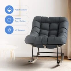 Metal Outdoor Rocking Chair With Grey Padded Cushion And Ottoman Foot Rest For Balcony (Set Of 2) -Jearey jearey outdoor rocking chairs 2nhw grey 4f 1000