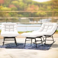 Metal Outdoor Rocking Chair With White Padded Cushion And Ottoman Foot Rest For Balcony (Set Of 2) -Jearey jearey outdoor rocking chairs 2nhw white 31 1000