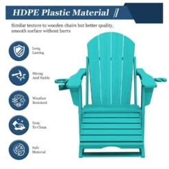 Adirondack Plastic HDPE Folding Outdoor Rocking Chair With Retractable Ottoman And Cup Holder For Patios In Peacock Blue -Jearey jearey outdoor rocking chairs dgnyy blue 1f 1000