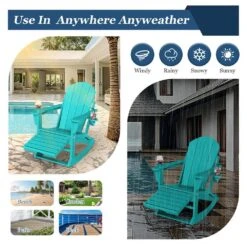 Adirondack Plastic HDPE Folding Outdoor Rocking Chair With Retractable Ottoman And Cup Holder For Patios In Peacock Blue -Jearey jearey outdoor rocking chairs dgnyy blue 31 1000