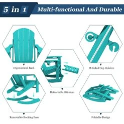 Adirondack Plastic HDPE Folding Outdoor Rocking Chair With Retractable Ottoman And Cup Holder For Patios In Peacock Blue -Jearey jearey outdoor rocking chairs dgnyy blue 44 1000