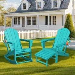 Adirondack Plastic HDPE Folding Outdoor Rocking Chair With Retractable Ottoman And Cup Holder For Patios In Peacock Blue -Jearey jearey outdoor rocking chairs dgnyy blue 4f 1000