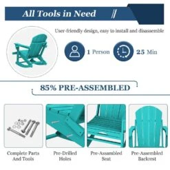 Adirondack Plastic HDPE Folding Outdoor Rocking Chair With Retractable Ottoman And Cup Holder For Patios In Peacock Blue -Jearey jearey outdoor rocking chairs dgnyy blue 76 1000