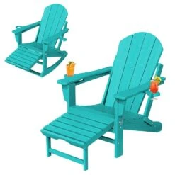 Adirondack Plastic HDPE Folding Outdoor Rocking Chair With Retractable Ottoman And Cup Holder For Patios In Peacock Blue -Jearey jearey outdoor rocking chairs dgnyy blue c3 1000