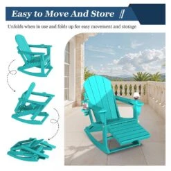 Adirondack Plastic HDPE Folding Outdoor Rocking Chair With Retractable Ottoman And Cup Holder For Patios In Peacock Blue -Jearey jearey outdoor rocking chairs dgnyy blue fa 1000