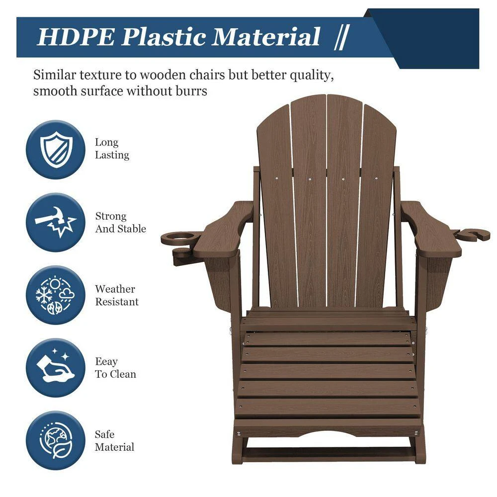 Adirondack Plastic HDPE Folding Outdoor Rocking Chair With Retractable Ottoman And Cup Holder For Patios In BRown 5 Adirondack Plastic HDPE Folding Outdoor Rocking Chair With Retractable Ottoman And Cup Holder For Patios In BRown - Image 5