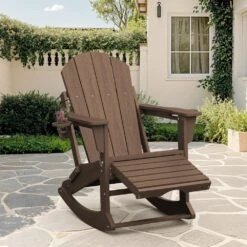 Adirondack Plastic HDPE Folding Outdoor Rocking Chair With Retractable Ottoman And Cup Holder For Patios In BRown