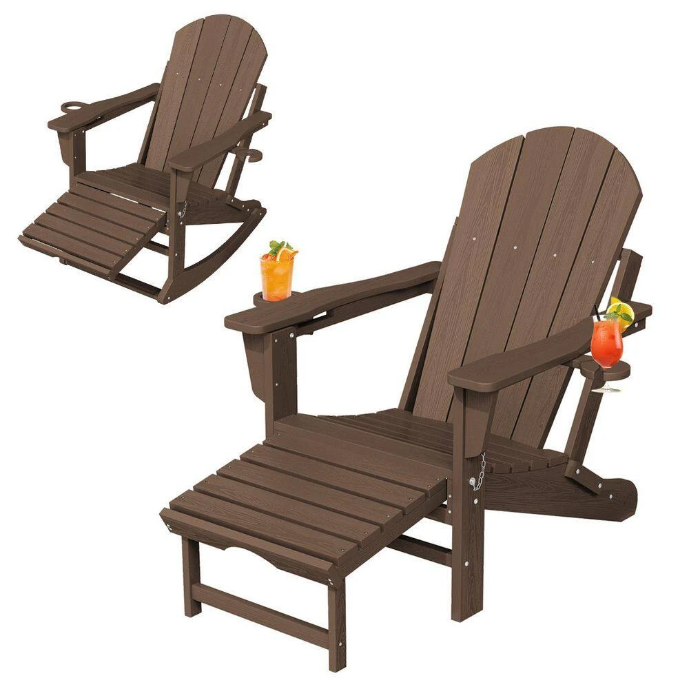 Adirondack Plastic HDPE Folding Outdoor Rocking Chair With Retractable Ottoman And Cup Holder For Patios In BRown 3 Adirondack Plastic HDPE Folding Outdoor Rocking Chair With Retractable Ottoman And Cup Holder For Patios In BRown - Image 3