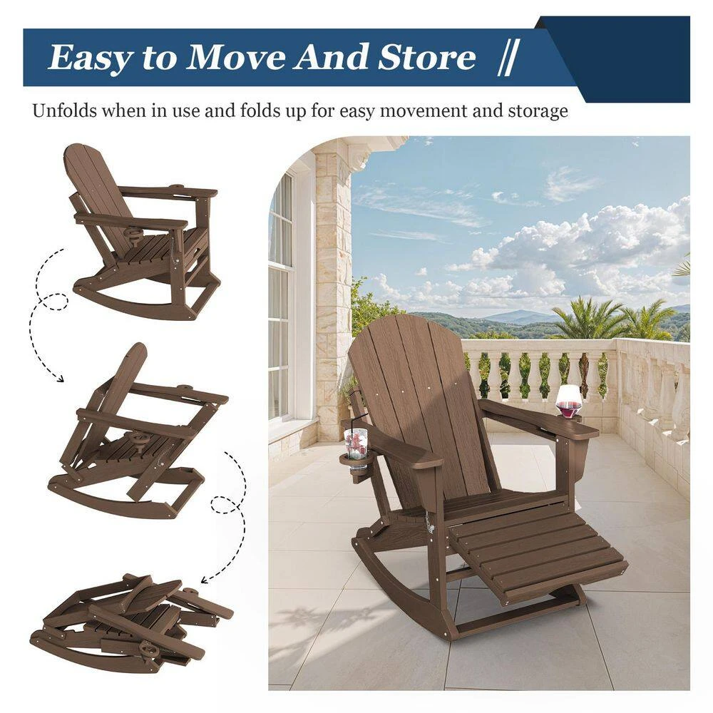 Adirondack Plastic HDPE Folding Outdoor Rocking Chair With Retractable Ottoman And Cup Holder For Patios In BRown 7 Adirondack Plastic HDPE Folding Outdoor Rocking Chair With Retractable Ottoman And Cup Holder For Patios In BRown - Image 7